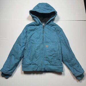 Carhartt Jacket Boys Medium 10-12 Blue Hooded Canvas Fleece Lined Workwear